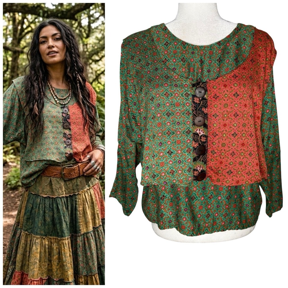 We Be‎ Bop Patchwork Top M Art to Wear Boho Artsy Gypsy Peasant Hobo Oversized
